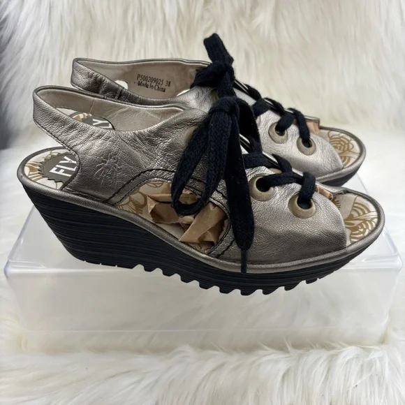 Fly London Silver Wedges Sandals Fashion-Forward Metallic - Picture 2 of 9